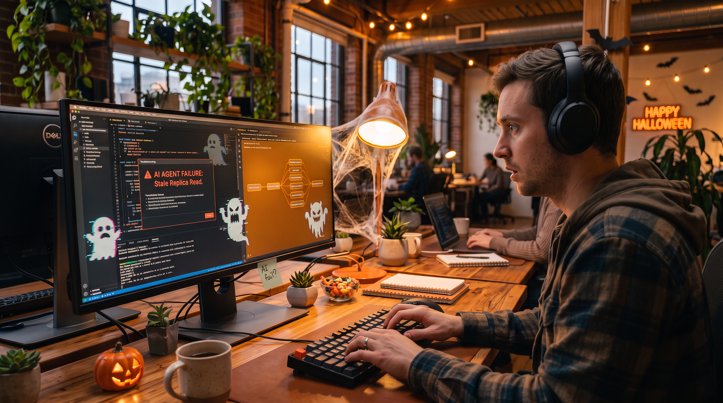 A data engineer in a Halloween-decorated office looks at an AI agent failure alert for a stale replica read